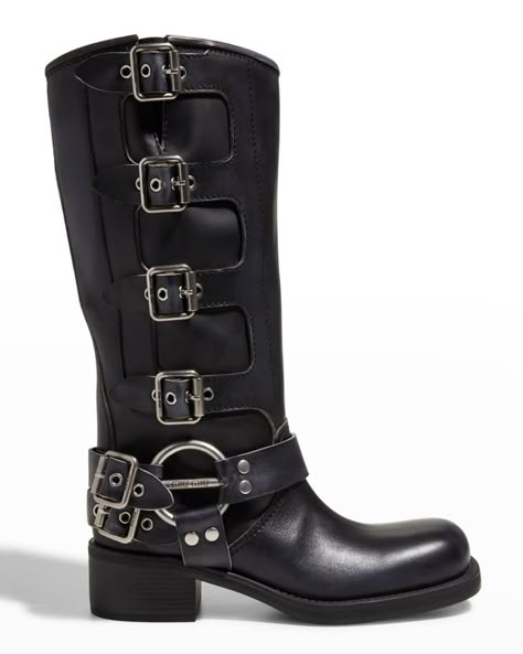 Moto Boots Women, Miu Miu Moto Boots, Miu Miu Buckle Boots, Miu Miu Biker Boots, Miu Miu Boots, Buckled Boots, Boots With Buckles, Calf Length Boots, Dr Shoes