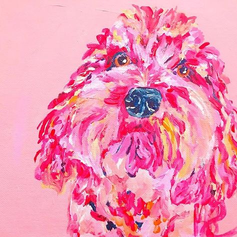 I just love this big fluffy pink dog commission!  Pet Portrait - Doodle   Shitzu #megancarn #pinkdog #doodle #petportrait #puppy Paintings Pink Aesthetic, Preppy Wall Paintings, Trendy Art Paintings, Cute Aesthetic Paintings, Preppy Art Ideas, Preppy Painting Ideas, Preppy Canvas Art, Pink And Orange Art, Pink Orange Aesthetic