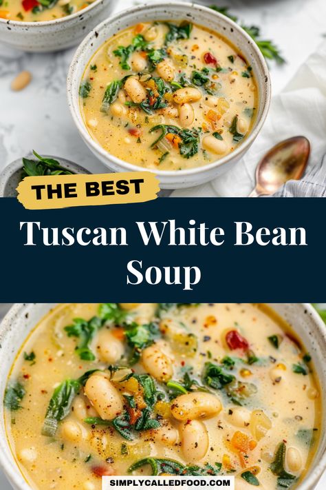 Discover the best Tuscan white bean soup recipe, an easy, quick, and simple homemade dinner. Creamy with kale, it's perfect for a healthy meal, vegan and vegetarian-friendly. Made with either vegetable or chicken broth, this authentic soup is inspired by Ina Garten's cuisine. You can prepare Tuscan white bean soup in a Crock Pot, instant pot, slow cooker, pressure cooker, or stove top. Explore this Tuscan white bean soup recipe and more soup recipes at simplycalledfood.com. Tuscan Chicken Bean Soup, Tuscan Soup Healthy, Soup Recipes Fall Healthy, Tuscan White Bean Soup With Chicken, Soup Recipes With Vegetable Broth, White Beans And Kale Soup, Tuscan Chicken And White Bean Soup, Vegetarian Tuscan Soup, Tuscan Bean And Kale Soup