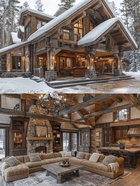 Timber House Exterior, Wooden House Exterior, Log Mansion, Rustic Luxury Home, Bloxburg Cabin, Luxury Log Cabins, Timber Homes, Log Cabin Ideas, Mountain Cabins