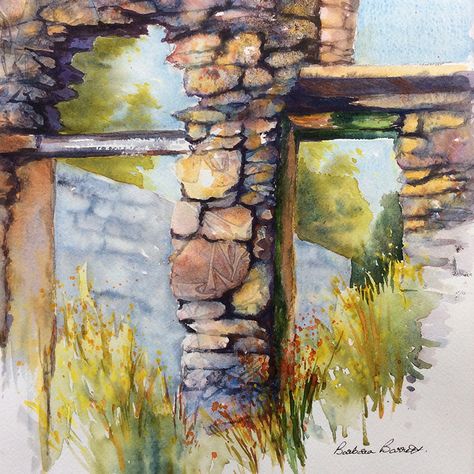 Watercolor Stone Wall, Library Forest, Crafts Corner, Beginning Watercolor, Watercolor Barns, Stone Fence, Pen And Wash, Watercolor Landscapes, Dry Stone Wall