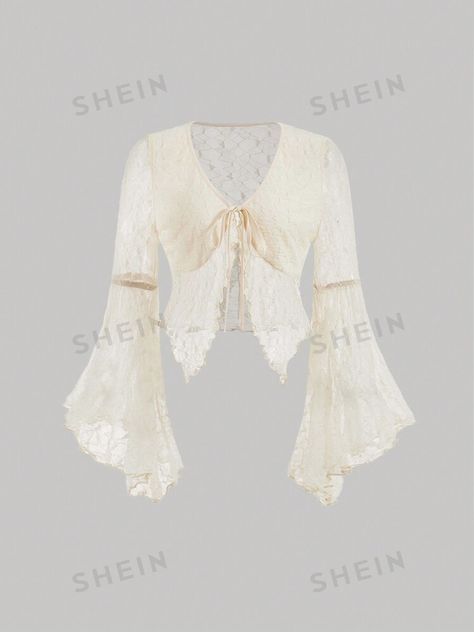 SHEIN MOD Apricot Romantic Texture Sheer Long Flared Sleeve Tie Waist Plus Size Cardigan | SHEIN USA Party Women Outfits, Plus Size Cardigan, Cardigan Plus Size, Womens Lace Tops, New Years Outfit, Thrifted Outfits, Sheer Lace Top, Plus Size Cardigans, Womens Tops Summer