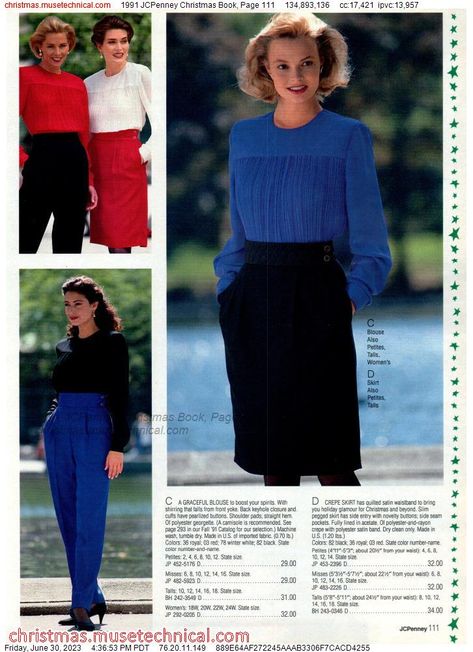 1991 JCPenney Christmas Book, Page 111 - Catalogs & Wishbooks Crepe Skirts, Novelty Buttons, 1990s Fashion, Christmas Catalogs, Christmas Book, Christmas Books, Book Page, 80s Fashion, Ruffle Blouse