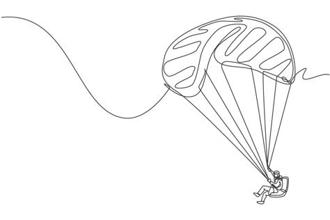 Single continuous line drawing of young tourist man flying with paragliding parachute on the sky. Extreme vacation holiday sport concept. Trendy one line draw design vector graphic illustration Paragliding Tattoo Design, Parachute Tattoo Design, Paragliding Drawing, Paragliding Tattoo, Paragliding Illustration, Parachute Tattoo, Parachute Illustration, Parachute Drawing, Old Women With Tattoos