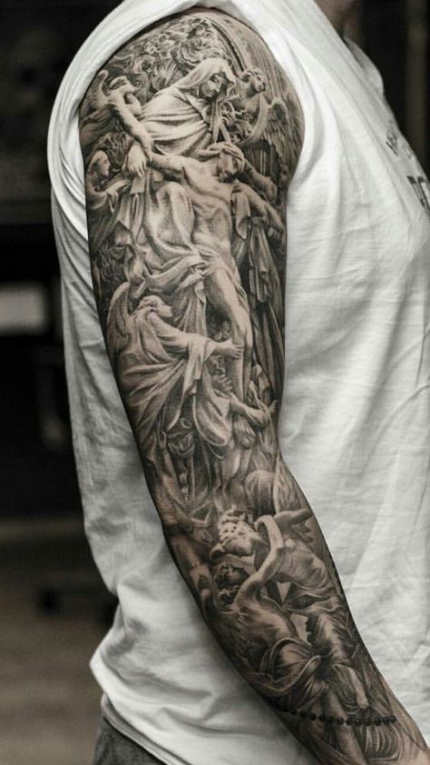 Religious Tattoo Sleeves, Greek Theme, Christian Sleeve Tattoo, Hourglass Tattoo, Nature Tattoo, Marvel Tattoos, Jesus Tattoo, Religious Tattoos, Geniale Tattoos