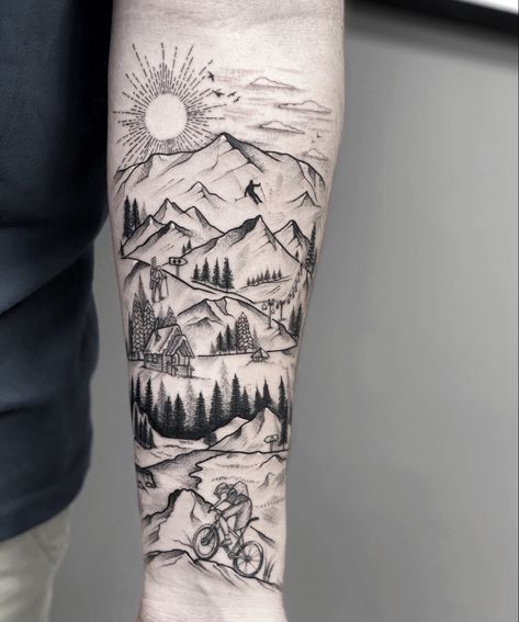 Tattoo Landscape, Mountain Bike Tattoo, Winter Tattoo, Warrior Tattoo Sleeve, Armband Tattoos, Forearm Band Tattoos, Dinosaur Tattoos, Bike Tattoos, Me M