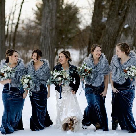 https://www.instagram.com/p/CJ6PHzljwUz/?igshid=oy1fcz2acaff Blue Velvet Bridesmaid Dresses Winter, Navy And Silver Winter Wedding, Winter Wedding Bridesmaid Dresses Blue, Winter Bridesmaid Dresses Blue, Blue Winter Bridesmaid Dresses, Winter Wonderland Wedding Bridesmaids, January Wedding Colors, Cold Wedding, Christmas Wedding Themes