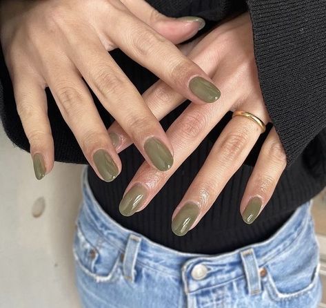 Translucent Green Nails, Korean Green Nails, Green Nails Korean, Muted Green Nails, Gel Green Nails, Green Nail Inspo Short, Pebble Nails, Green Korean Nails, Green Gel Nails Short