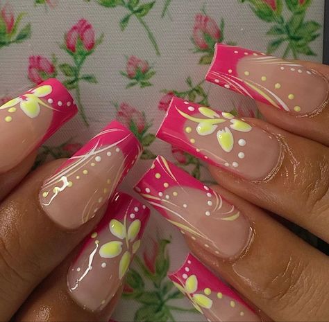 French Tips With Hawaiian Flowers, Cute Pink And Green Nails, 2000s Hibiscus Nails, 90s Flower Nails, Hawaian Nail Design, Hibiscus Flower Nails Coffin, Tropical Core Nails, 2000s Flower Nails, 2000s Summer Nails