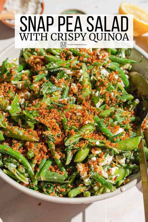 Snap Pea Salad with Green Beans, Walnuts, and Crispy Quinoa August Ideas, Grain Salad Recipes, Spinach Recipes Healthy, Snap Peas Recipe, Mediterranean Salad Recipe, Snap Pea Salad, Week Meals, Pea Salad Recipes, Mediterranean Foods