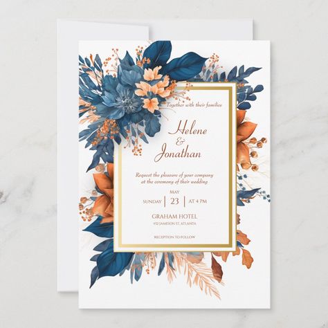 Elegant Indigo Rust All In One Wedding Invitation | Zazzle Orange Wedding Themes, Boho Wedding Invitation, Burnt Orange Weddings, Rustic Elegant Wedding, Watercolor Boho, Elegant Wedding Invitation, Watercolor Floral Wedding Invitations, Wedding Invitations Boho, Watercolor Wedding Invitations