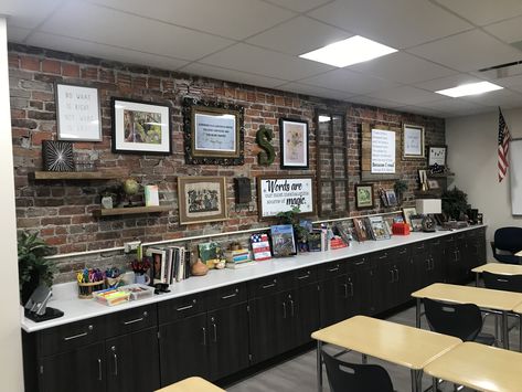 Dark Acadamia Classroom, Brick Bulletin Board Ideas, Brick Bulletin Board Classroom, Dark Academia Aesthetic Classroom, Brick Wall Classroom Decor, Brick Classroom Decor, Academia Classroom Aesthetic, Moody Classroom, Comfy Classroom