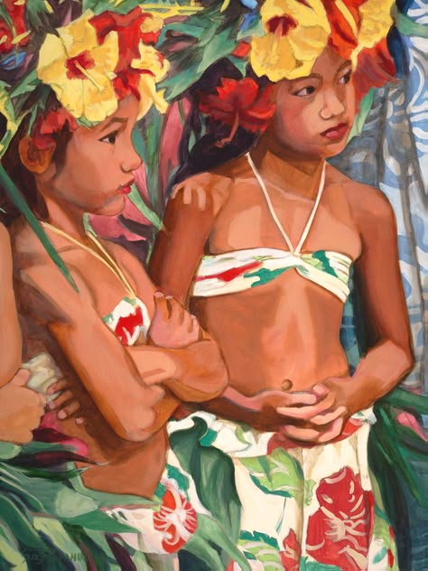 Hawaiian Painting, Hawaiian Artists, Hawaiian Dancers, Polynesian Art, Hawaii Art, Yellow Hibiscus, Hands Art, Hawaiian Art, Caribbean Art