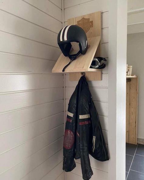 Motorcycle Helmet Holder Diy, Helmet Shelf, Yamaha Sr400, Car Part Furniture, Easy Wood Projects, Wooden Projects, Master Bedding, Dream House Decor, House Inspo