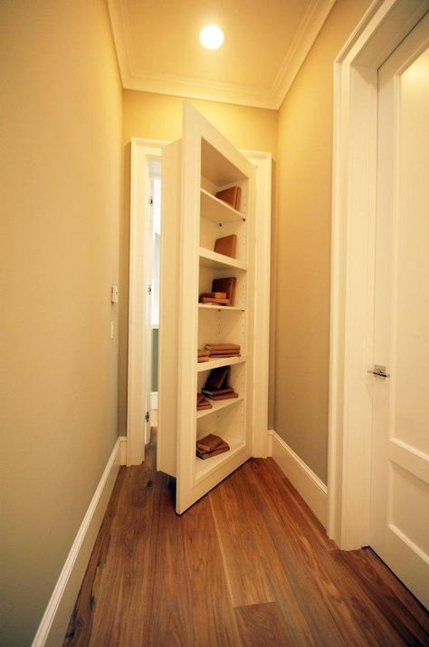 Secret Room Behind Bookcase by Bellisi Design Hallway Bookshelf, Gömda Rum, Skjulte Rum, Hidden Passageways, Hidden Room, Secret Doors, Secret Passage, Organized Person, Hidden Doors