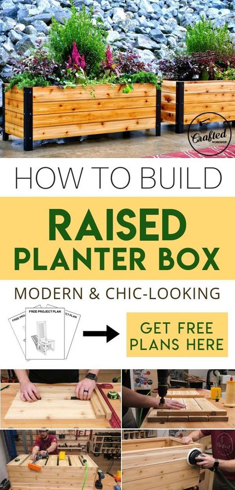 How to build modern wooden raised planter boxes with legs - DIY garden projects, plans and ideas. Great for landscapes, front yards, decks, porch, patio, and more. Get free plans here! Raised Wooden Planters, Wooden Flower Boxes, Diy Planters Outdoor, Garden Boxes Diy, Raised Planter Boxes, Greenhouse Garden, Garden Planter Boxes, Diy Planter Box, Front Yards