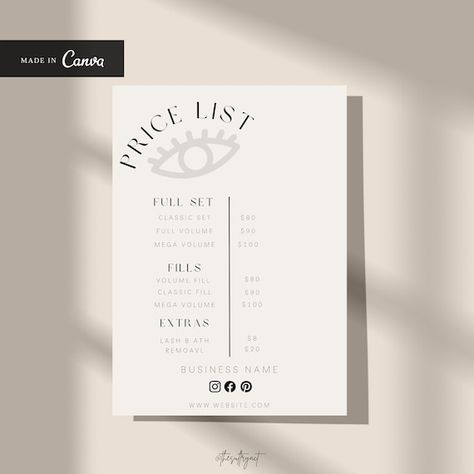 Lash Price List, Price List Template Design, Lash Studio Decor, Beauty Salon Price List, Pricing List, Lash Flyer, Business Cards Beauty, Price List Design, Salon Price List