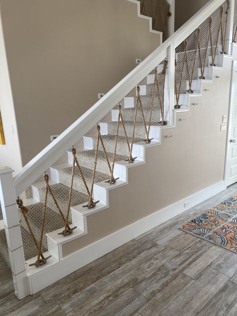 Nautical Stair Railing, Rope Railings For Stairs, Rope Staircase, Rope Stair Railing, Rope Banister, Rope Stairs, Coastal Staircase, Adele House, Railings For Steps