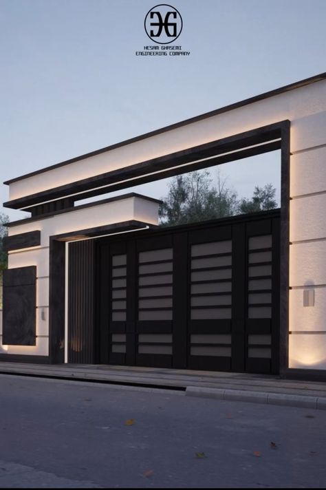 Villa Gate Design Modern, Entrance Gates Design Modern, Garage Gate Design, Design Pagar, Modern Front Gate Design, Compound Wall Design, House Front Door Design, Home Gate Design, Gate Wall Design