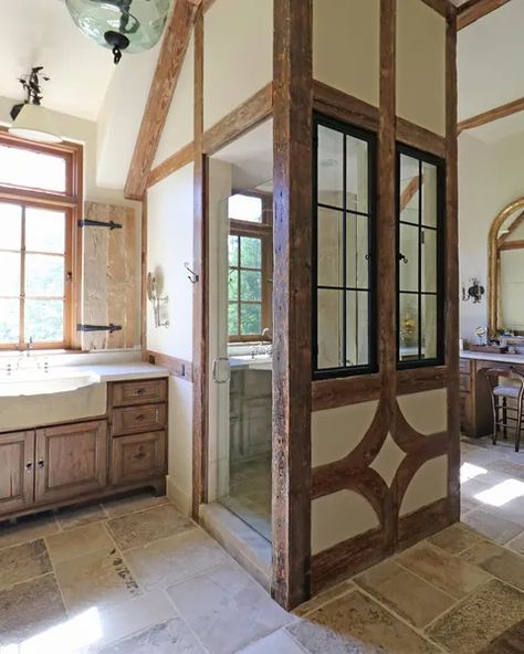 Custom Floors Unlimited (@customfloorsunlimited) • Instagram photos and videos Post And Beam Bathroom, Wood Walls, Gorgeous Bathroom, Post And Beam, Exposed Wood, Rustic Bathroom, Wood Beams, The Shower, Bathroom Styling