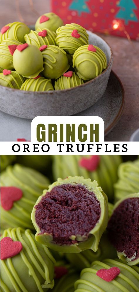 This Grinch Oreo Truffles recipe is just about the cutest thing you can make for this upcoming holiday season! With its vibrant and bright colors and soft and doughy-like texture, you’ll have everyone mesmerized with the look and taste of these Grinch Christmas truffles. Follow along with this easy recipe to find out how to make them! Christmas Tree Truffles, Grinch Truffles Recipe, Oreo Truffles Recipe Christmas, Grinch Trifle, Easy Christmas Truffles No Bake, Grinch Oreo Truffles, Blue Christmas Truffles, The Grinch Desserts, Desert Ideas Christmas