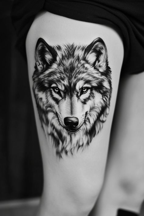 Wolf tattoo on a person's upper thigh. Wolf Portrait Tattoo, Wolf Pack Tattoo, Wolf Outline, Howling Wolf Tattoo, Lone Wolf Tattoo, Wolf Tattoo Ideas, Mandala Wolf, Cute Tattoo Ideas, Wolf Portrait