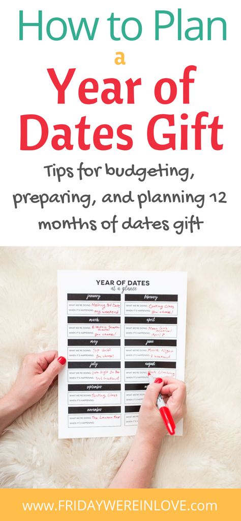 How to Plan A Year of Dates Gift: tips for budgeting, preparing, and planning 12 months of dates gift #yearofdates #datenightgift #12monthsofdates #datenight #fridaywereinlove A Year Of Dates Gift, Year Of Dates Gift, 12 Months Of Dates, A Year Of Dates, Feminine Dating, Mother Culture, Free Date Ideas, Date Night Gift, Great Date Ideas