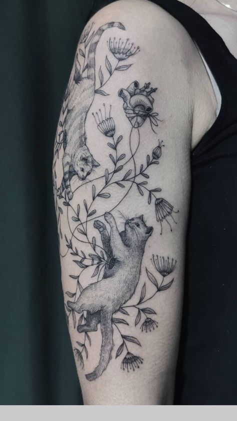 Forearm Cat Tattoo, Animal Collage Tattoo Sleeve, Cat Shoulder Tattoo, Cat Tattoo Sleeve, Cat Sleeve Tattoo, Whimsical Cat Tattoo, Cat Tattoo Large, Cat And Flower Tattoo, Cat Tattoos With Flowers