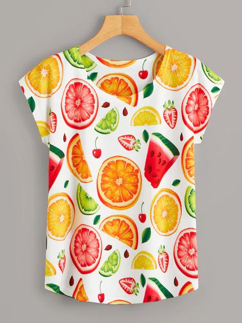 Fruit Outfits, Fruit Print Fashion, Cap Sleeve Tee, Latest T Shirt, Fruit Print, Wedding Suits Men, Women T Shirts, T Shirt Diy, Cute Summer Outfits