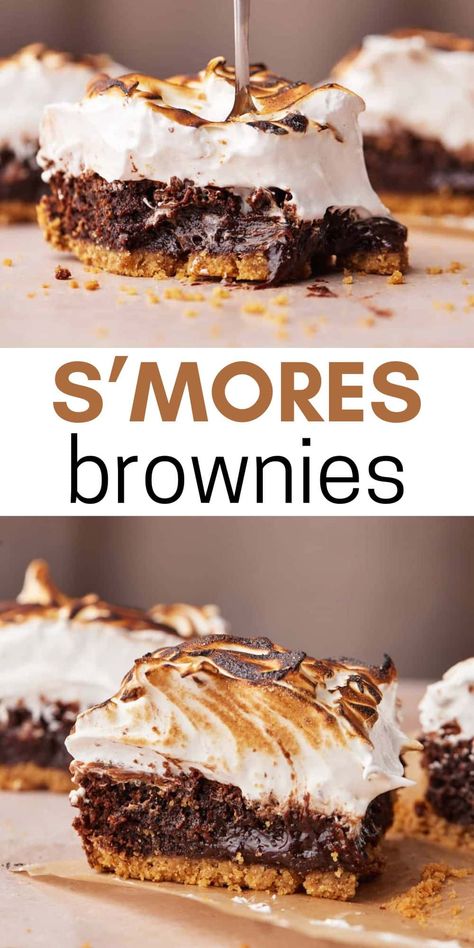 These s'mores brownies are a real summer treat! The gooiest chocolate fudgy brownies with a graham cracker crumb base and homemade toasted marshmallow frosting. Torch with a kitchen torch for a fun dinner activity. These taste like real s'mores, but even better! The chocolate brownies are so fudgy and gooey they are like the melty middle of s'mores. This easy to make recipe has relatively few ingredients and comes together in a simple step-by-step recipe. Delicious campfire treats! Smores Brownies, Kitchen Torch, Fudgy Brownie Recipe, Best Brownie Recipe, Gooey Brownies, Fun Dinner, Marshmallow Frosting, Digestive Biscuits, Toasted Marshmallow