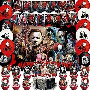 Horror Themed Birthday Party, Movie Character Party, Horror Birthday Party, Halloween Birthday Decorations, Horror Birthday, Backdrop Balloons, Balloons Cake, Horror Fanatic, Large Cake