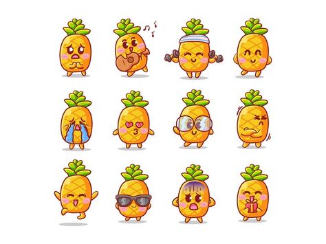 Pineapples Drawings, Pineapple Character Design, Pineapple Cartoon Drawing, Pineapple Cartoon Cute, Fruit Cartoon Illustrations, Cute Food Characters, Pineapple Illustration Design, Pineapple Drawings, Freepik Premium Vector