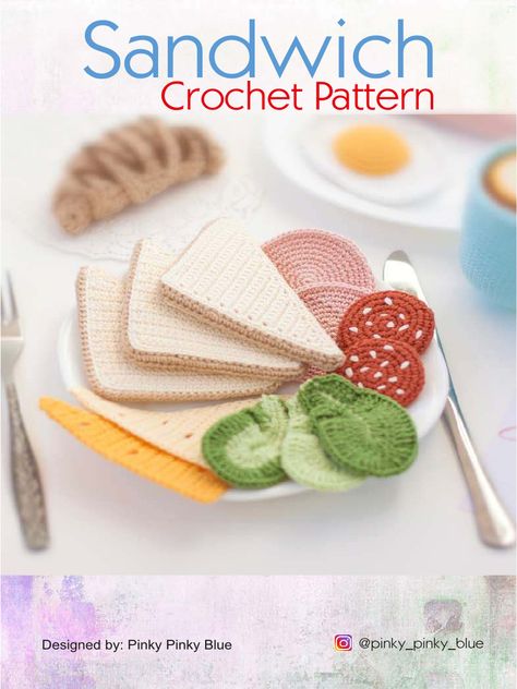 This crochet pattern provides instructions for making a sandwich consisting of 3 items: bread, lettuce, and cheese or salami/ham. The bread is made by crocheting triangles that decrease on one side and sewing them together with a sponge inside. Lettuce is made by increasing stitches in rounds. Cheese is another decreasing triangle that is worked with holes. Salami/ham are round circles worked in spirals. Sandwich Crochet, Куклы American Girl, Crochet Fruit, Crochet Triangle, Food Patterns, Crochet Food, Kawaii Crochet, Play Food, Crochet Hook Sizes