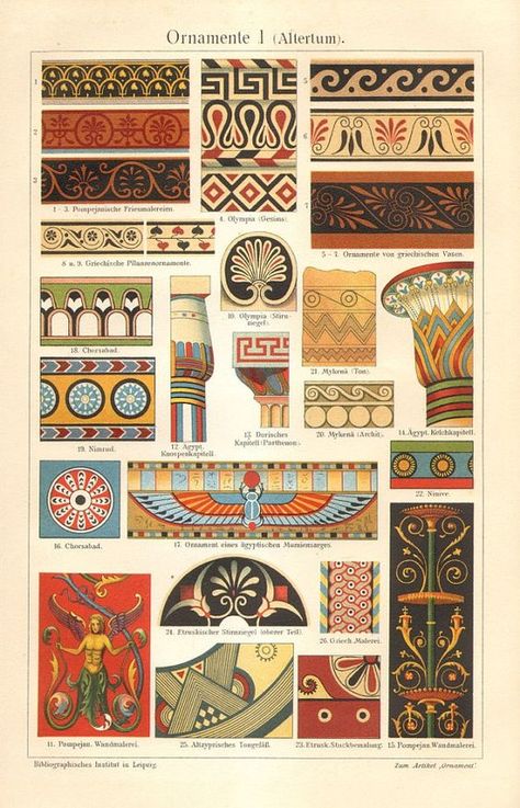 1909 Ancient Ornaments Egyptian, Troian, Roman, Mycenaean Original Antique Chromolithograph to Frame: Ancient Ornaments, Egypt Architecture, Egyptian Decorations, Egyptian Ornamented, Egyptian Drawings, Ancient Egyptian Architecture, Egyptian Pattern, Egyptian Painting, Egyptian Design