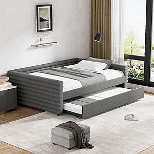 ONEMMLION Full Size Daybed with Trundle, Upholstered Day Bed Frame with Backrest and Wood Slat Support, Trundle Daybed in Linen, Twin Sofa Bed for Bedroom Guest Room, No Box Spring Needed, Grey Upholstered Day Bed, Day Bed Frame, Full Size Daybed, Sofa Bed Bedroom, Wood Platform Bed Frame, Modern Sofa Designs, Daybed With Storage, Upholstered Daybed, Solid Wood Platform Bed