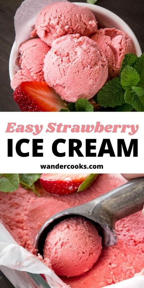 An easy homemade strawberry ice cream recipe, FULL of flavour with just 5 mins prep. No churn, egg free creme fraiche ice cream - only 4 ingredients - and you won’t need an ice cream maker! No Churn Strawberry Ice Cream, Cherry Cobbler Recipe, Easy French Recipes, Homemade Strawberry Ice Cream, Strawberry Ice Cream Recipe, Coconut Tart, Ice Cream Maker Recipes, European Recipes, Bake Dessert