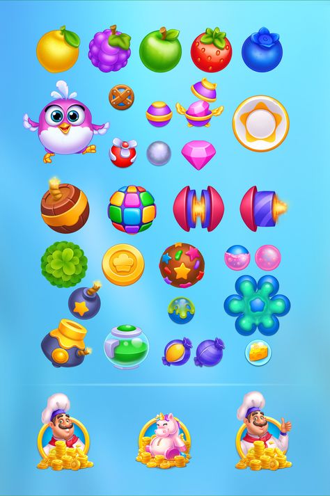 Behance 上的 Graphics for the game ''Bubble Cafe" Match 3 Game Ui, Game Design Concept Art, Firework Games, Game Design Concept, Character Design Game, Match Three Games, Bubble Game, Bubble Games, Match Three