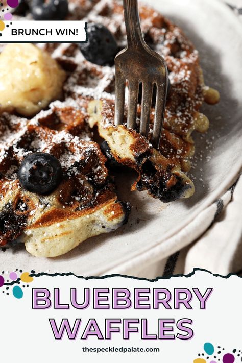 Love blueberries? These from-scratch Blueberry Waffles are the perfect breakfast treat for sharing. All you need are a handful of ingredients and fresh (or frozen) berries to make this blueberry waffle recipe. #EasyEntertaining #SpeckledPalate Blueberry Waffle Recipe, Buttermilk Waffle Recipe, Blueberry Waffles Recipe, Buttermilk Waffle, Blueberry Waffle, Best Waffle Recipe, Canned Blueberries, Blueberry Waffles, Brunch Inspiration