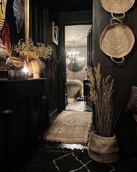 Black Wall Entryway, Dark Brown Hallway, Painted Hallway, Black Hallway, Foyer Wall, Maybe Next Time, Outdoor Bedroom, Dark Interiors, French Cottage