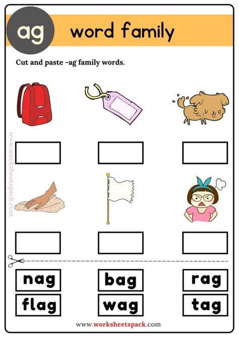 Cut and Paste -ag Words - worksheetspack Ag Words Worksheets, Ag Words, Ag Word Family, Am Word Family, Teaching Kindergarten Writing, Cvc Word Worksheets, Word Families Free, Reading Preschool, Word Family List