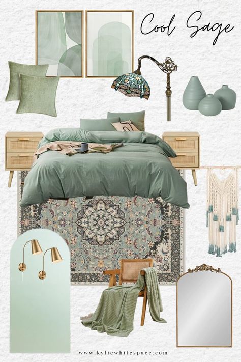 Sage Green interior design mood board Bedroom Seafoam Green, Green Walls Boho Bedroom, Bedroom Design Sage Green, Mood Boards For Bedrooms, Blue Green Bedroom Decor, Sage Bedroom Decor Ideas, Guest Bedroom Ideas Sage Green, Boho Sage Bedroom, Sage Green Bedroom Mood Board