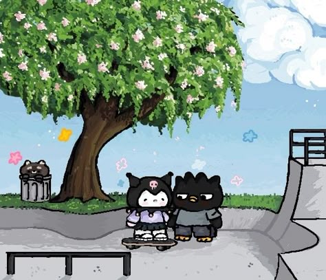 Badz Maru And Kuromi, Sanrio Couple, Sanrio Art, Garfield Images, Pink Wallpaper Hello Kitty, Halloween Wallpaper Backgrounds, Hello Kitty Images, Badtz Maru, Me And Bae