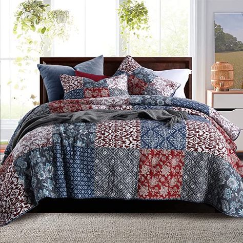 Secgo Patchwork Quilt Bedspread Sets - Cotton Queen Size Quilted Coverlet (90*98 Inch) with 2 Pillow Shams, Reversible Lightweight Coverle, Bed Decor Fit All-Season(Queen Size) : Amazon.ca: Home Red Blue Bedroom, King Bedspreads, Black Bedspread, Burgundy Bedding, California King Quilts, King Size Comforter, King Size Comforter Sets, Cotton Comforter Set, Blue Comforter Sets