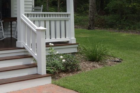 DIY Custom Porch Deck Rail Cottage Design Simply Living NC Porch Railing Diy, Porch Step Railing, Porch Handrails, Porch Railing Designs, Front Porch Railings, Custom Porch, Railing Designs, Austin House, Deck Railing Design