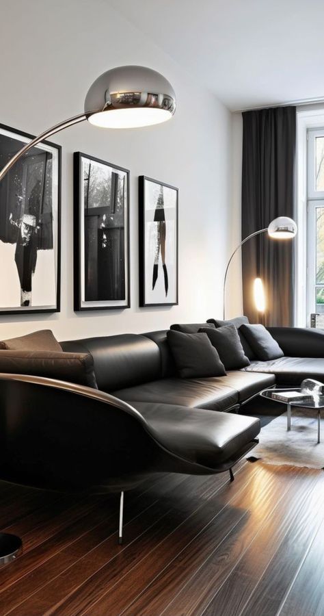 Monochromatic Minimalist Living Room, Black Couch Luxury Living Room, Black And Chrome Living Room, Sofa Black Living Room, Black Leather Couch Living Room Decor Modern, Leather Black Sofa Living Room Decor, Masculine Modern Decor, Black Leather Couch Apartment, Dark Floor Interior Design