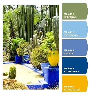 Majorelle Gardens Majorelle Gardens Marrakech, Mexican Color Scheme, Mexican Color Palette, Patio Color Schemes, Majorelle Garden, Majorelle Blue, Mexican Garden, Exterior Color Palette, Mexican Colors