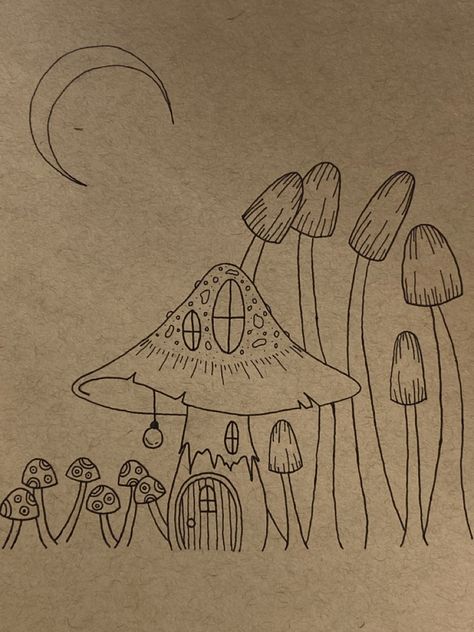 Mushroom House Painting Easy, Mushroom Hut Drawing, Mushroom City Drawing, Mushroom World Drawing, Mushroom Garden Drawing, Mushroom Home Drawing, Cute Mushroom House Drawing, Mushroom Village Drawing, Mushroom House Sketch