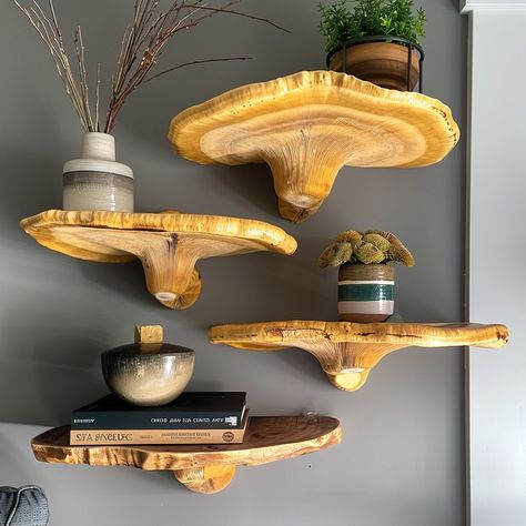 Introducing the “Fungi Float” shelf: inspired by nature’s intricate fungal networks, its organic curves and natural wood finish bring a touch of earthy elegance to any space. Conceptual AI Art Follow @ecosapiens for more! Floating Shelves Decor, Wooden Music Stand, Float Shelf, Diy Moss, Floating Shelf Decor, Salon Logo Design, Cool Tree Houses, Woodworking Inspiration, Rustic Home Design