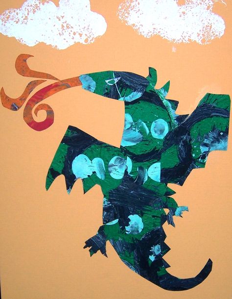 collages in the style of Germany's beloved Eric Carle Dragon Mixed Media, Dragon Collage Art, Dragon Art Elementary, Mythical Creature Art For Kids, Fairy Classroom, Dragon Collage, Cny Dragon, Enchanted Forest Decorations, Green Dragons