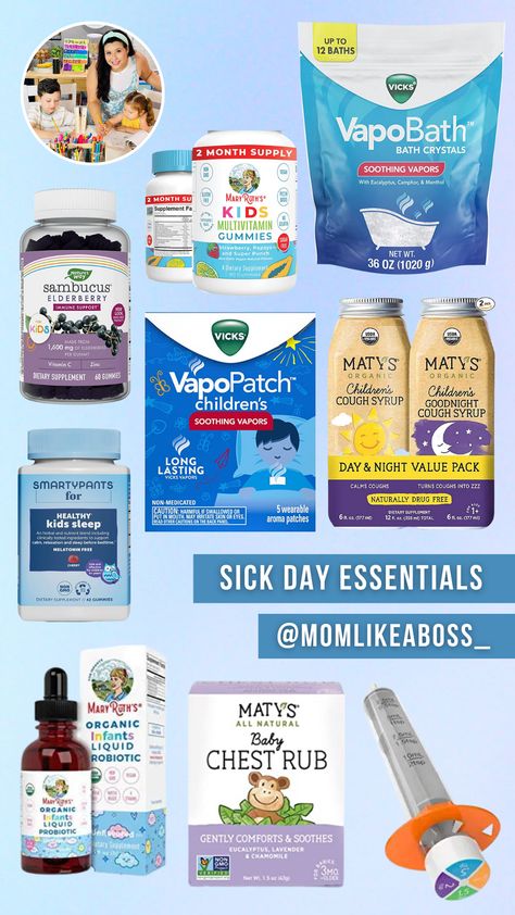 Must-have Sick Day Supplies | Momlikeaboss Sick Day Checklist, Sick Supplies, Sick Kit, Sick Day Essentials, Toddler Cold, Childrens Cough, Sick Toddler, Sleep Gummies, Apocalypse Fashion